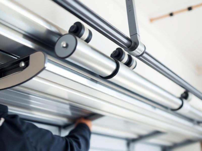 Close-up of garage door rollers and track system showing professional installation