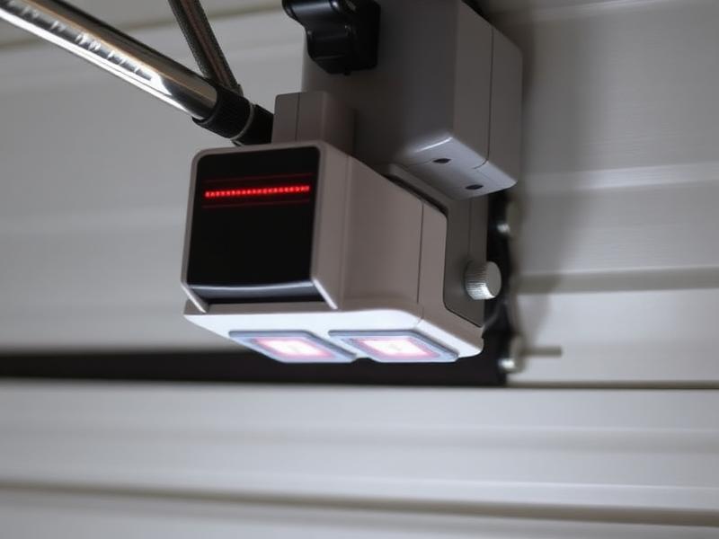 Garage door photo-eye safety sensors installed at the base of door tracks